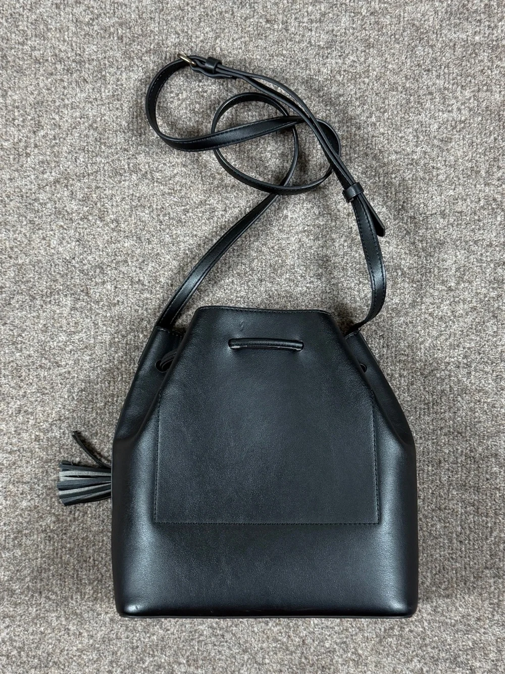 J Crew Black Faux Leather Bucket Bag Shoulder Crossbody Fringe Drawstring